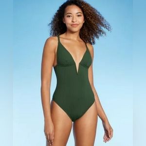 Women's Ribbed Plunge Front V-Wire One Piece Swimsuit - Dark Gree